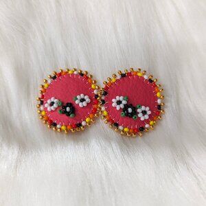 Cute Flowers Beaded on Vegan Leather - Pink